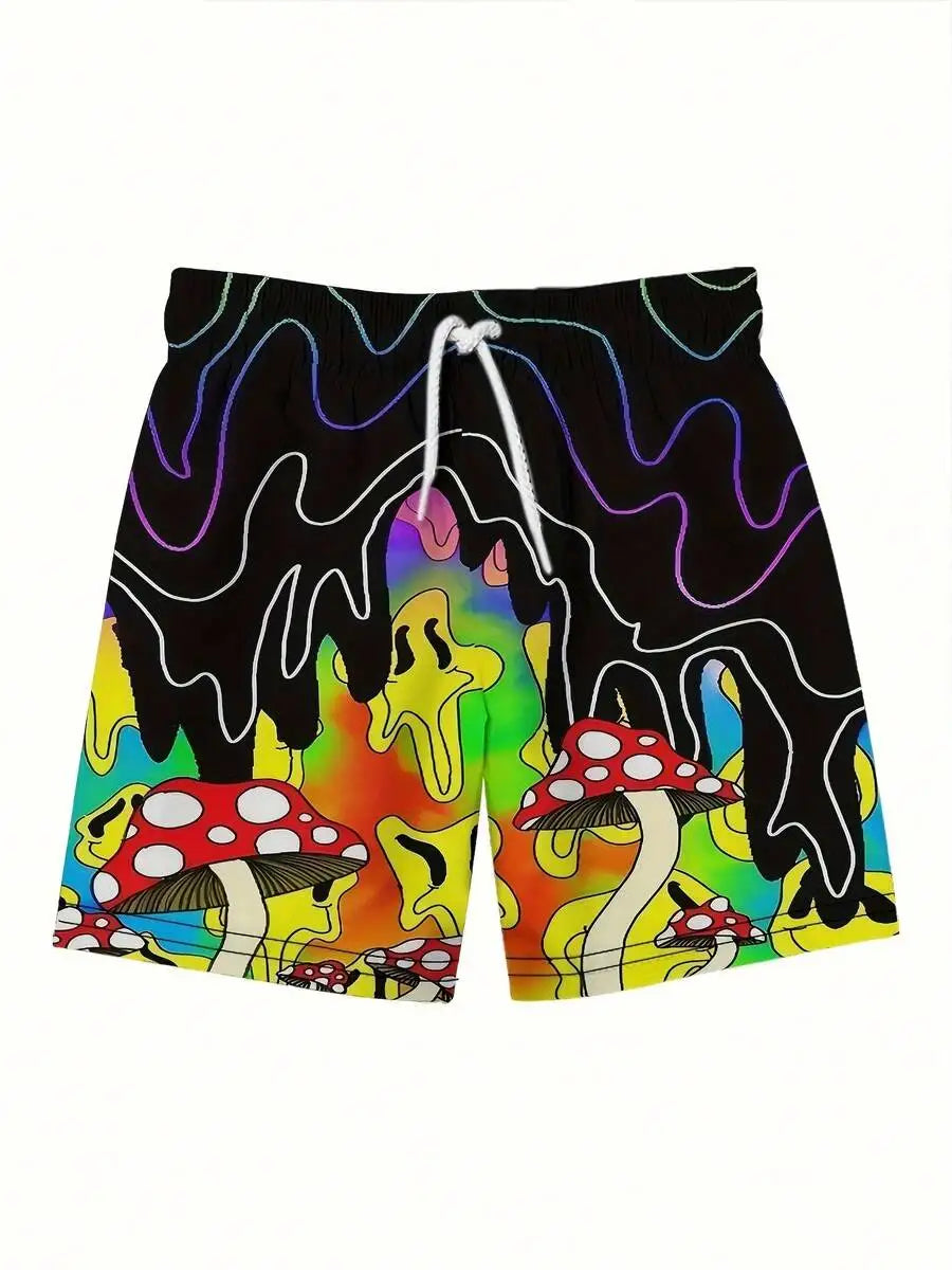 Mens Retro Psychedelic Mushroom Swim Trunks Quick Dry Adjustable Waist Beach Shorts