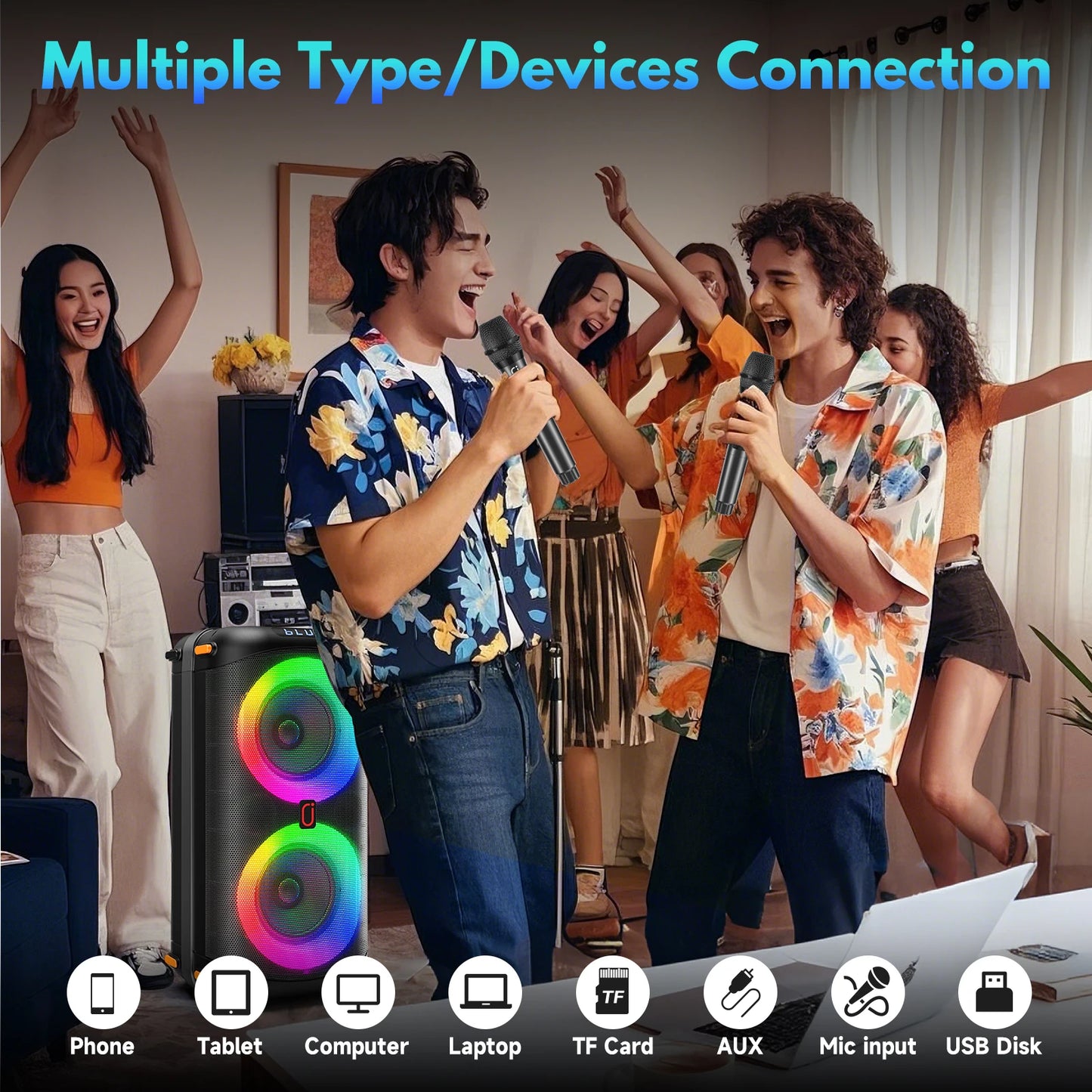 FanFun T27 Wireless Bluetooth Karaoke Speaker Dual Microphones LED Lights