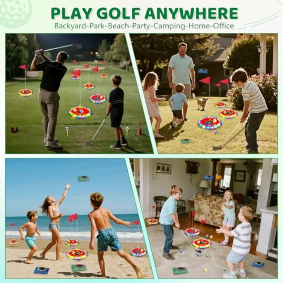 Light Up LED Backyard Golf Play Set Upgrade With 6 Targets 2 Clubs 18 Balls For Family Fun Night Golf
