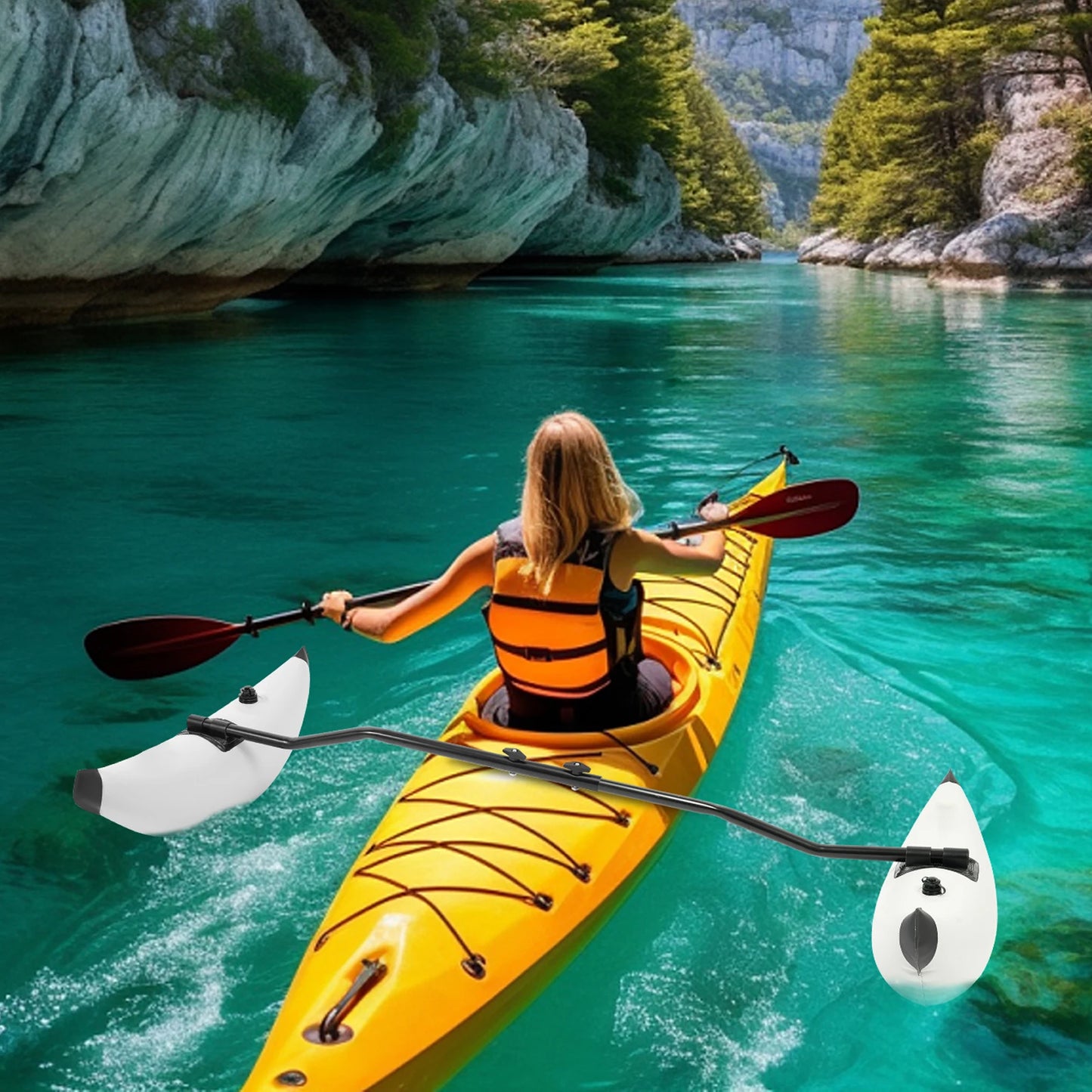 Inflatable Kayak Outrigger Stabilizer Set With Adjustable Aluminum Rods And Dual Air Valves For Anglers