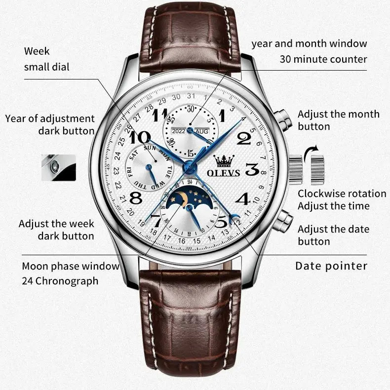 OLEVS 6667 Luxury Original Men Automatic Mechanical Watch Brand Classic Digital Dial Waterproof Moonphase Watch Sport Men Watch