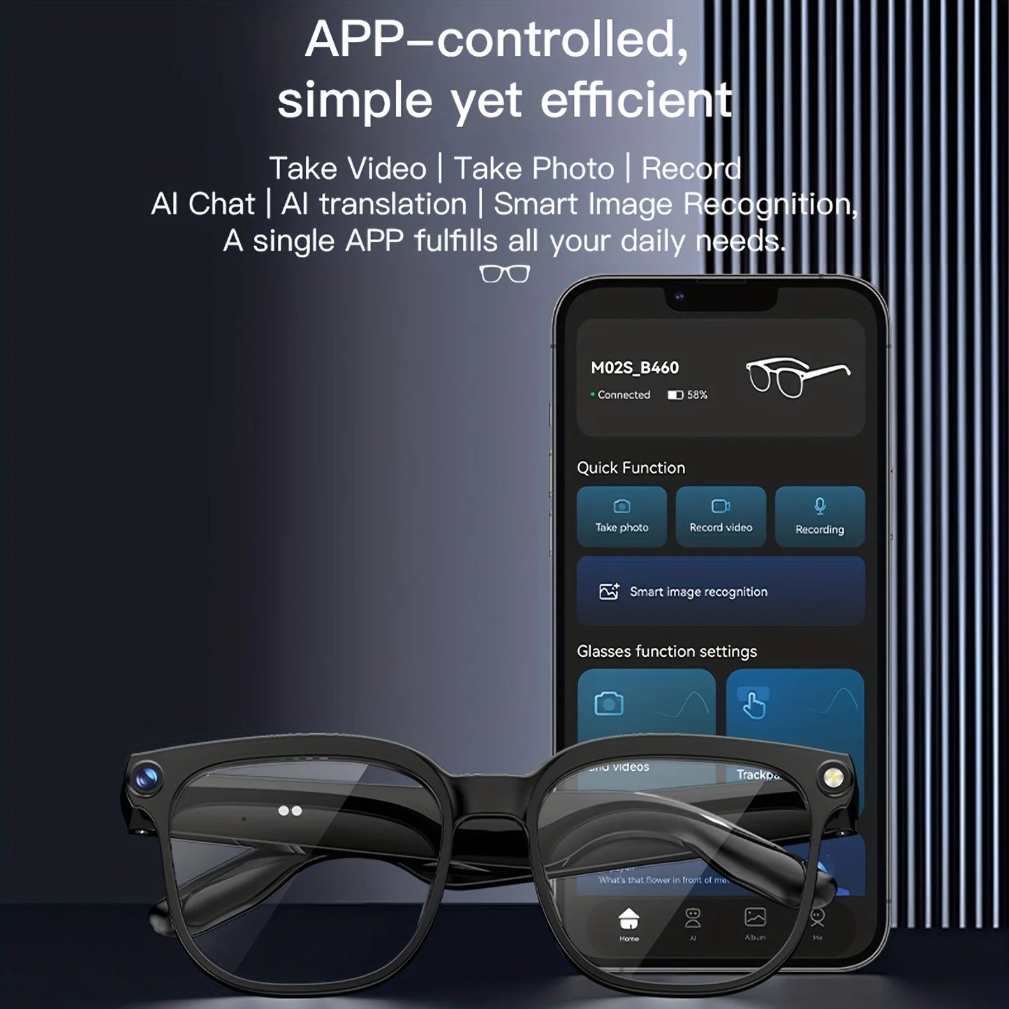 Camera video glasses, smart translation, object recognition via camera, Q&A interaction, Hi-Fi music, and high-definition calls.