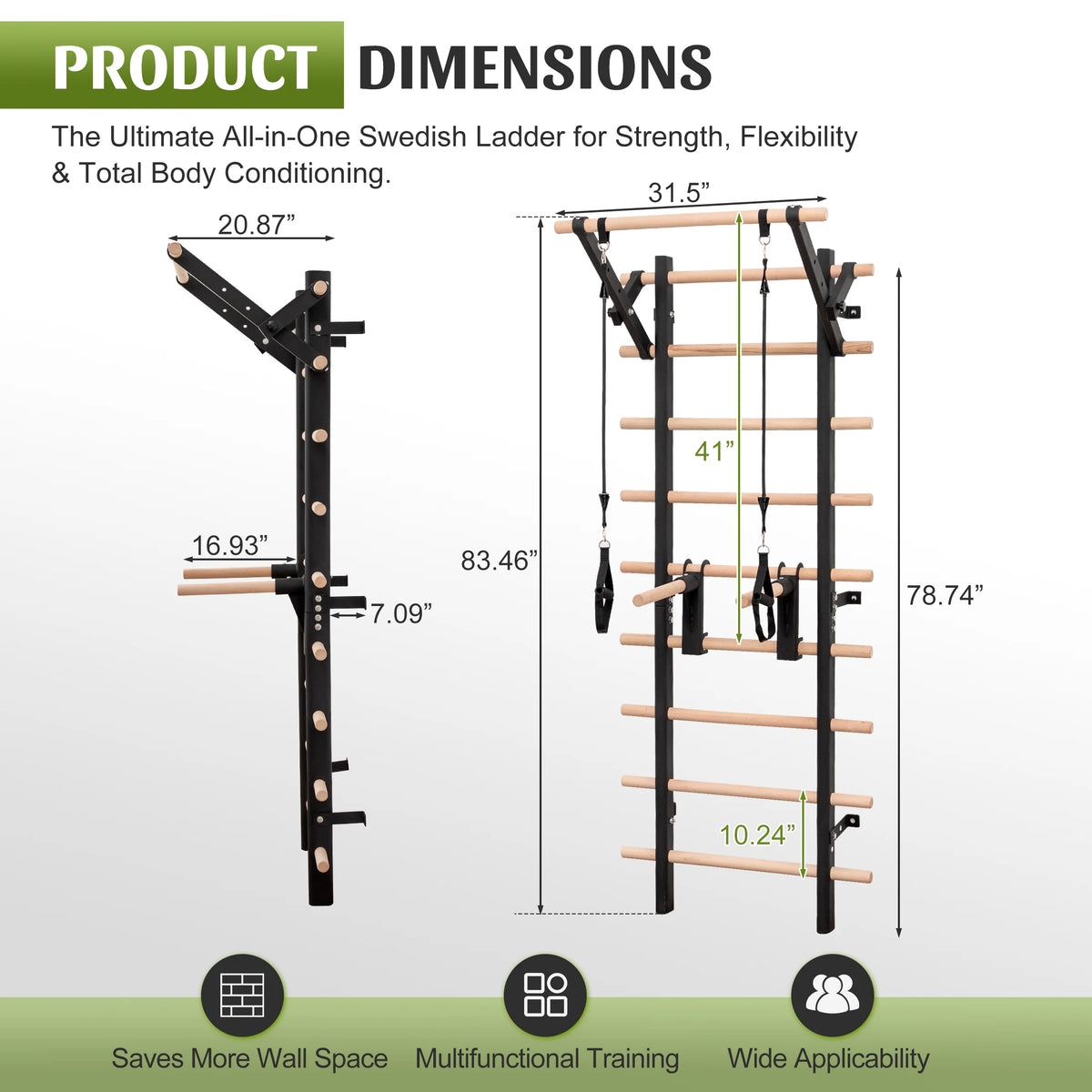 Swedish Ladder with Pull Up Bar and Detachable Dip Bars