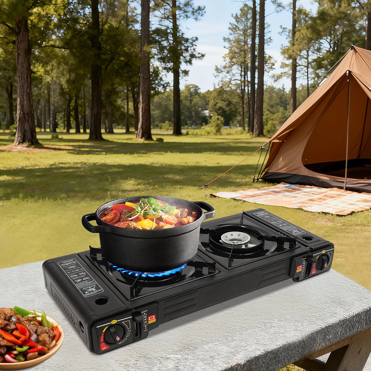 Two Burner Portable Camping Gas Stove With Baking Tray
