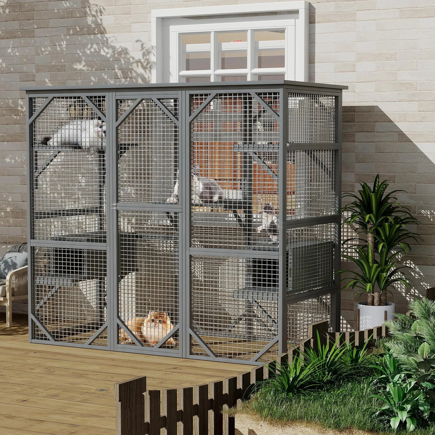 HiMISS Large Walk In Cat Catio Enclosure Weather Resistant Cedar Multi Level With Window And Locking Doors For Cats