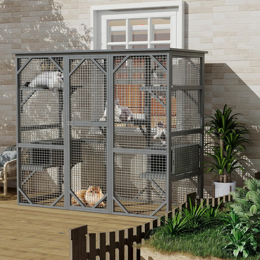 HiMISS Large Walk In Cat Catio Enclosure Weather Resistant Cedar Multi Level With Window And Locking Doors For Cats