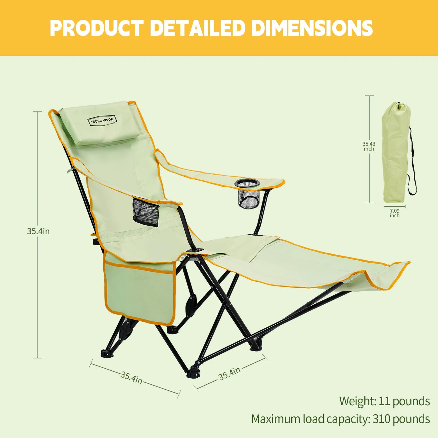 GERC Young Wood Two In One Reclining Camping Chair Footrest