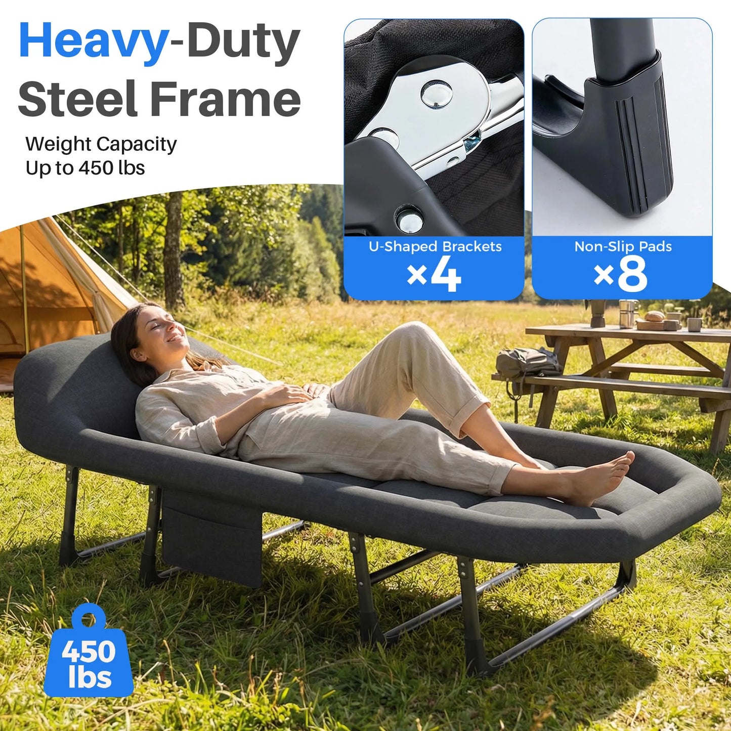 JHK Folding Camping Cot With Mattress 450 Lbs Capacity Lightweight