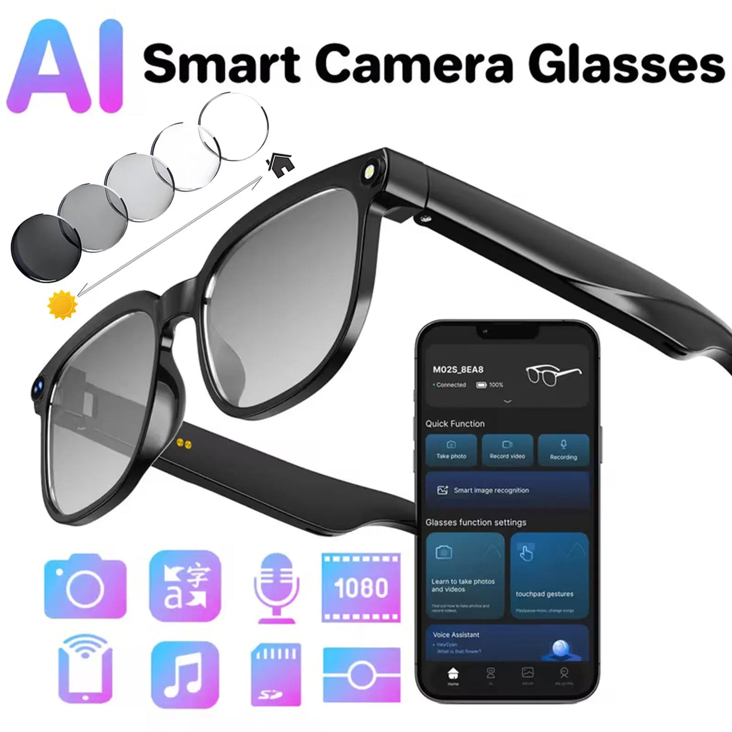 Camera video glasses, smart translation, object recognition via camera, Q&A interaction, Hi-Fi music, and high-definition calls.