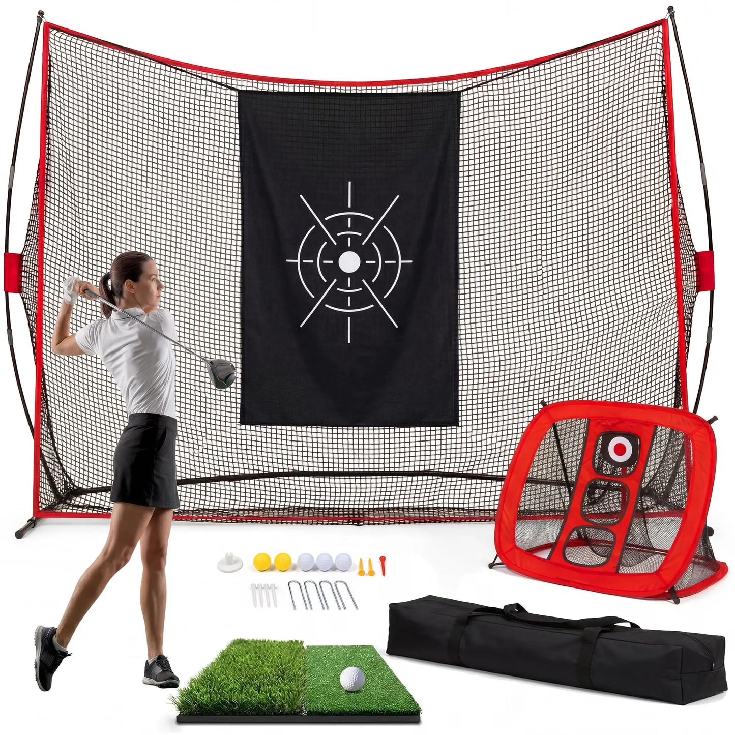HiMISS 10x7ft Golf Practice Net With Chipping Goal And Upgraded Poles For Backyard Driving