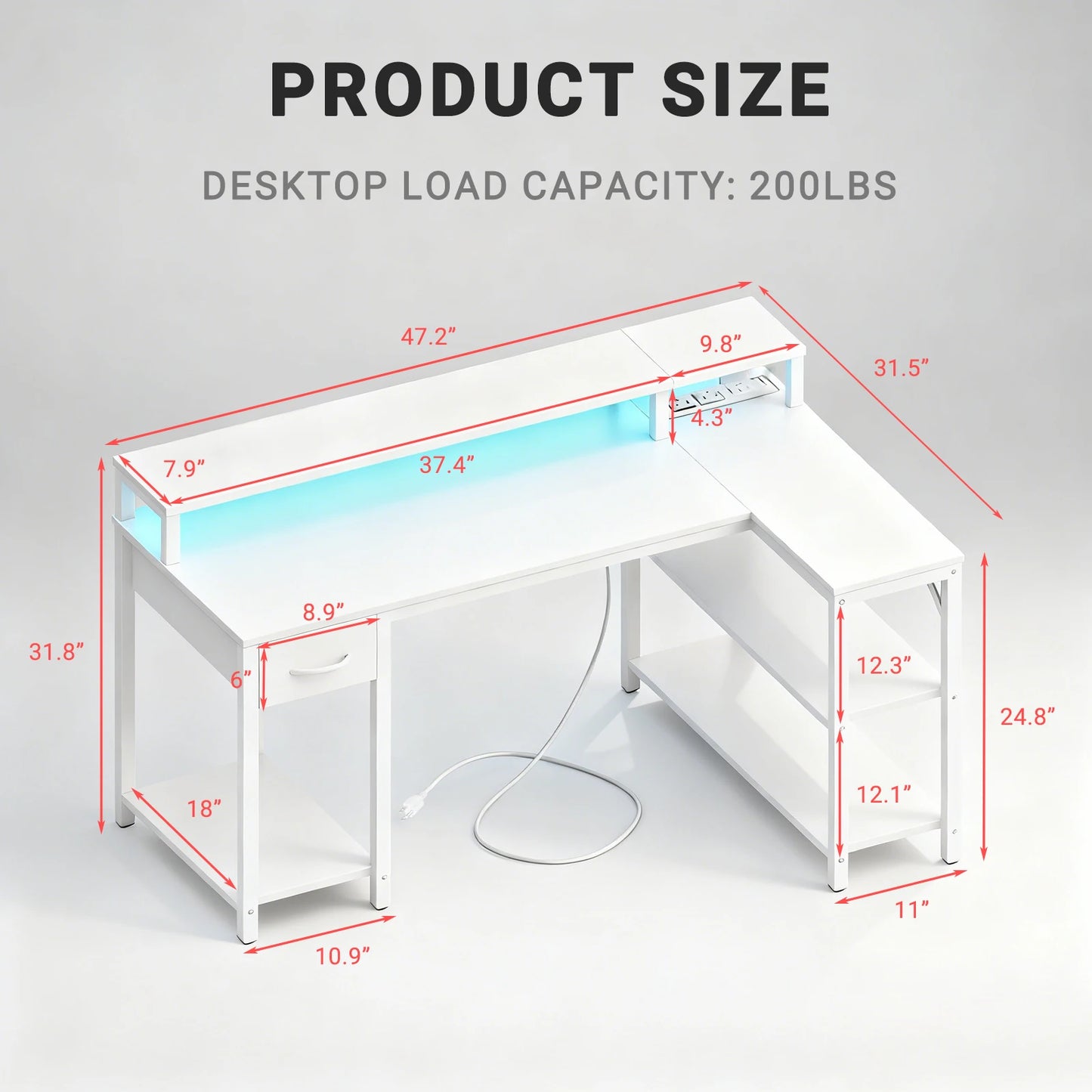 JHK L Shaped Gaming Desk Featuring USB Ports And LED