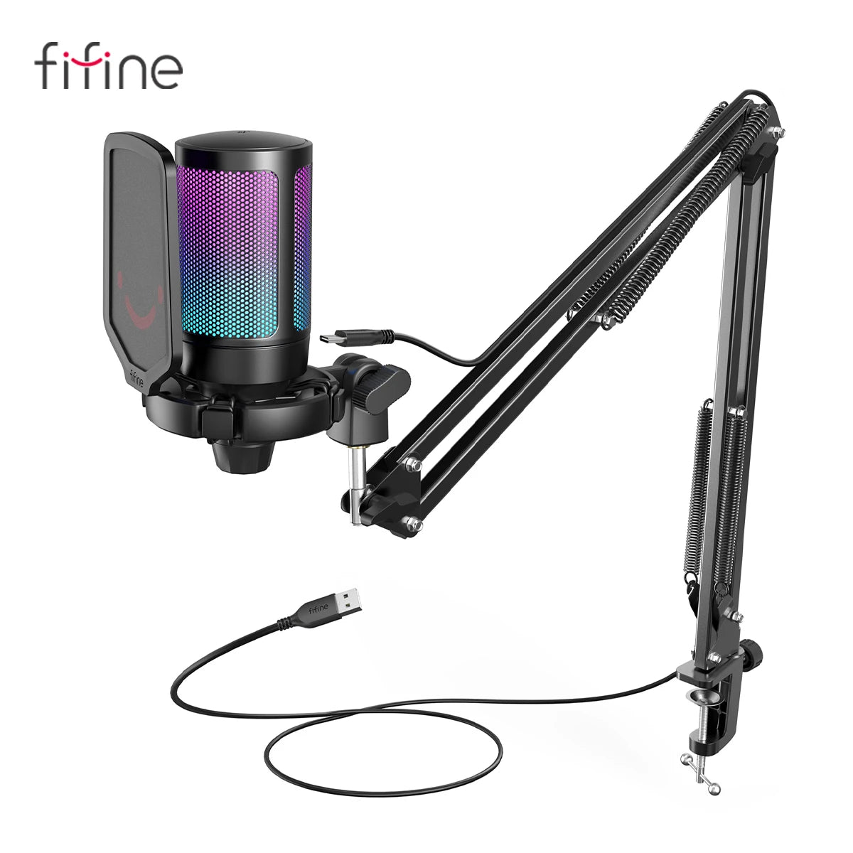 FIFINE USB Gaming Microphone With Mute Button and Boom Arm