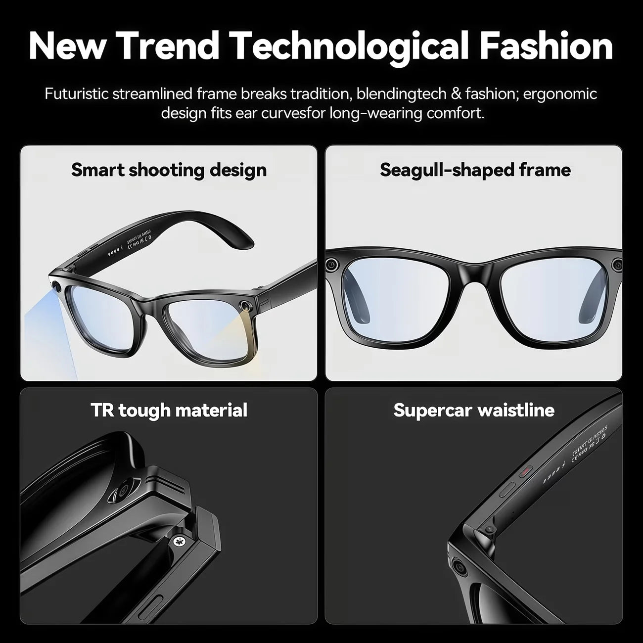AI Smart Video Glasses with Camera and Photo Capabilities, featuring an 8MP camera, 1080P HD video recording, 4K resolution,