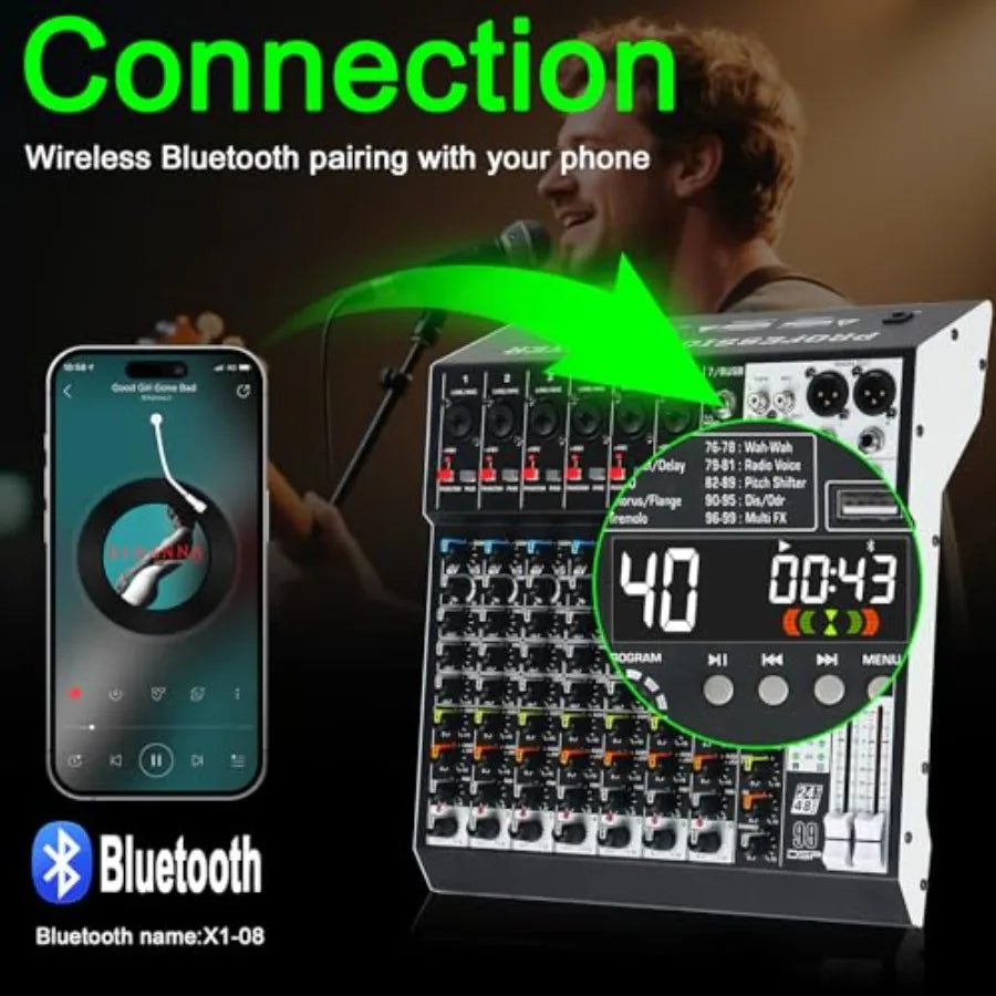8 Channel Audio Mixer With USB Bluetooth And DSP Effects