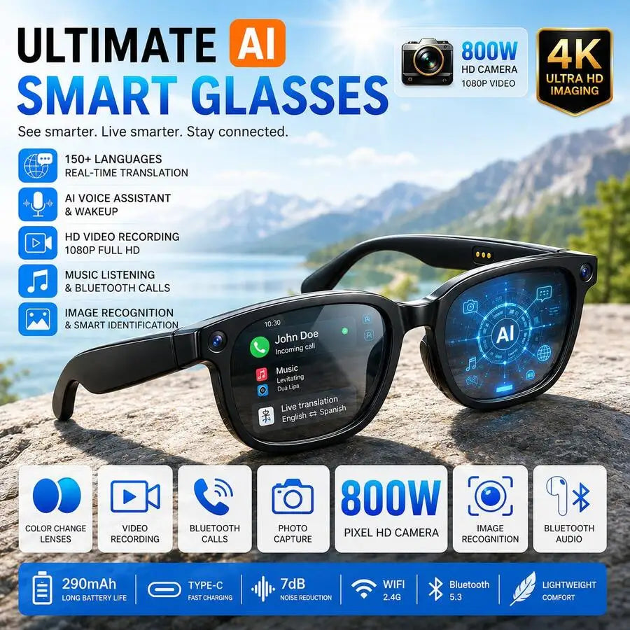 AI Smart Glasses With 8MP HD Camera, Real-Time Translation, AI Object Recognition, Wireless Audio & Open-Ear Music, Touch Control Intelligent Photo/Video Recording Glasses, Travel Companion Gift For Men Women