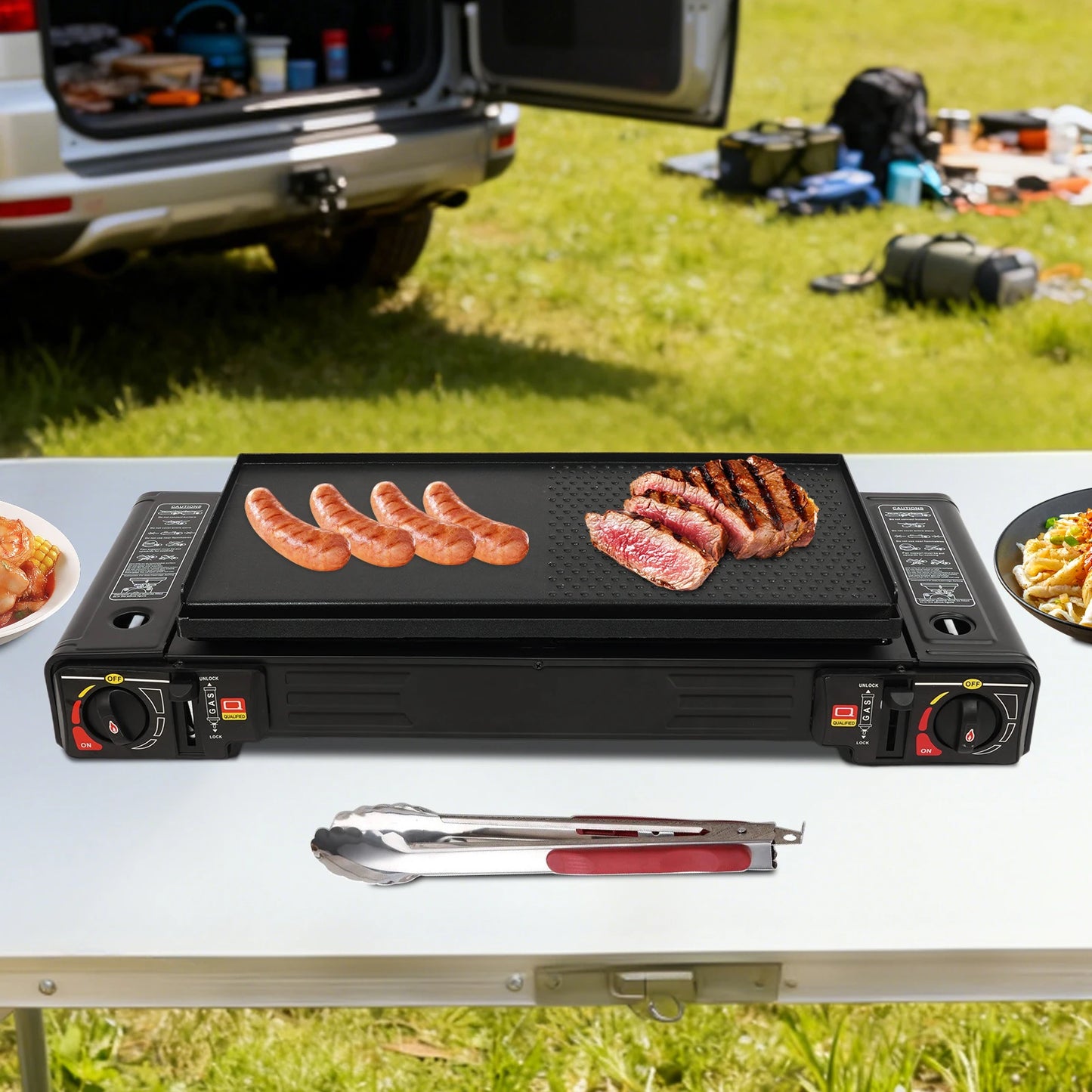 Two Burner Portable Camping Gas Stove With Baking Tray