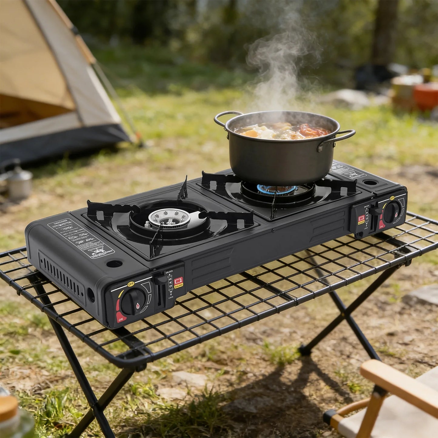 Dual Burner Portable Camping Gas Stove Featuring Protective Carry Bag