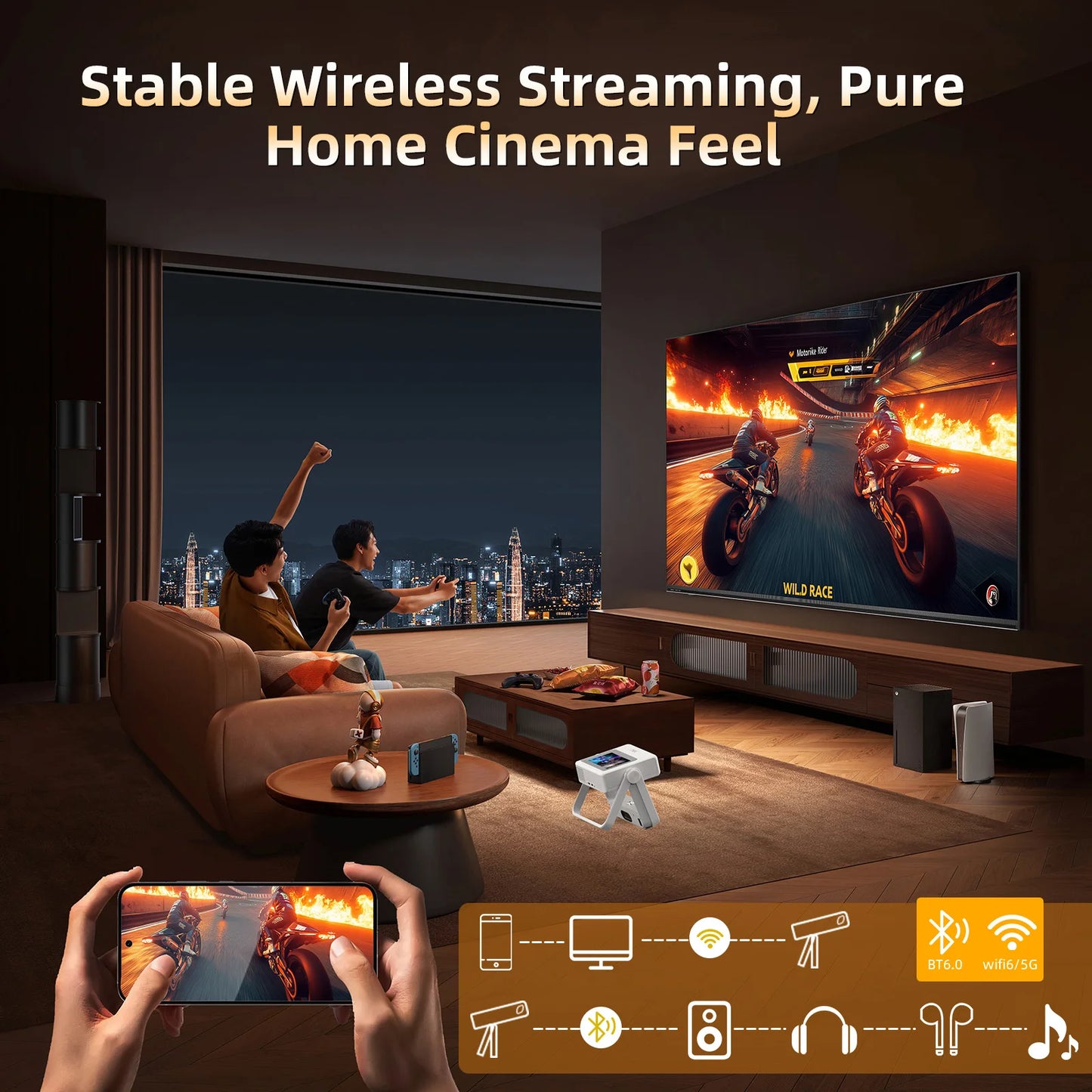 XBJ A5Pro Smart Dual Touchscreen Projector 1080P WiFi Auto Keystone Home Theater