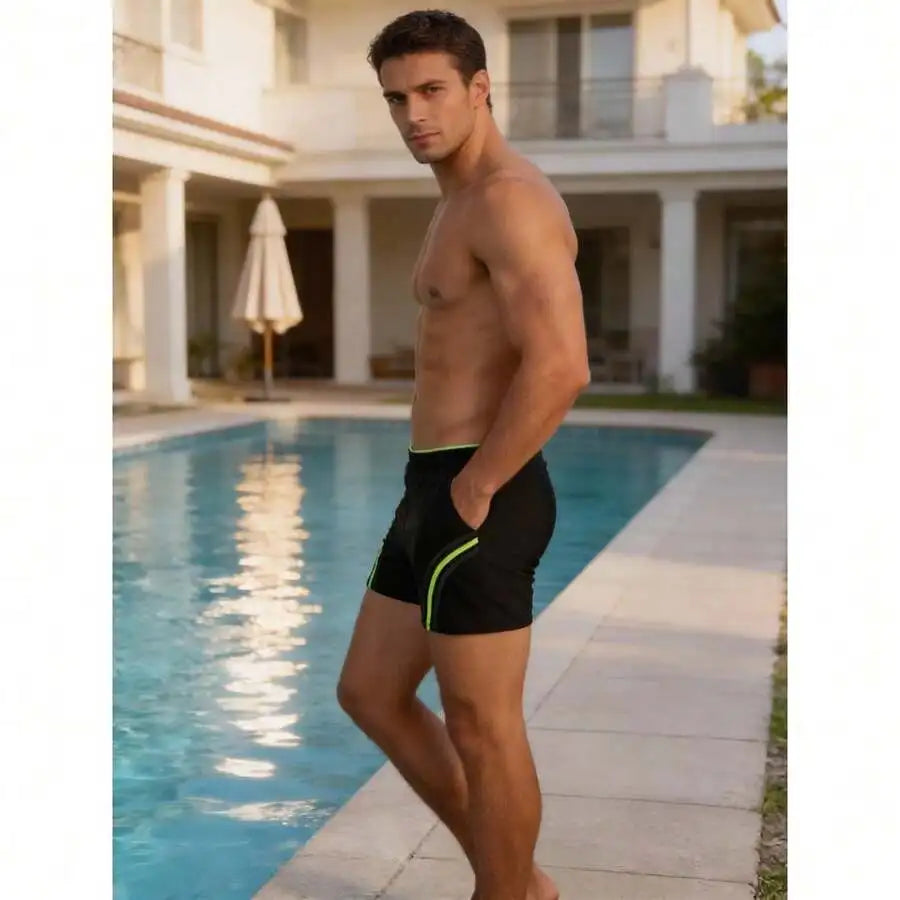 Mens Square Leg Swim Trunks With Drawstring And Flatlock Seams For Surfing Water Sports