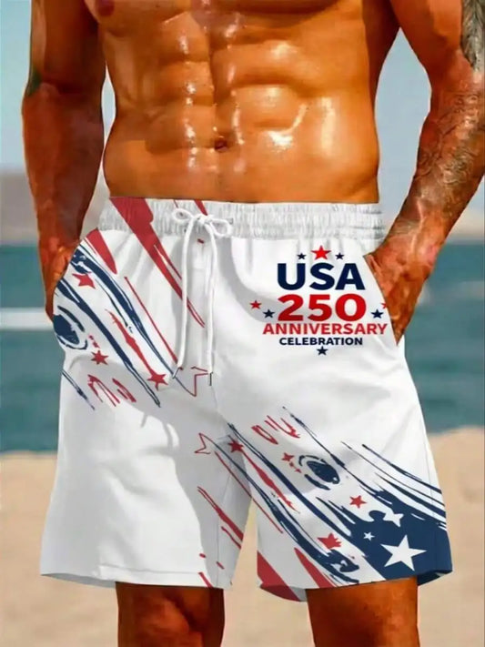 Mens 3D Printed Swim Trunks 250th Anniversary USA Flag Design Breathable Mesh Lining For Men Swimwear Performance