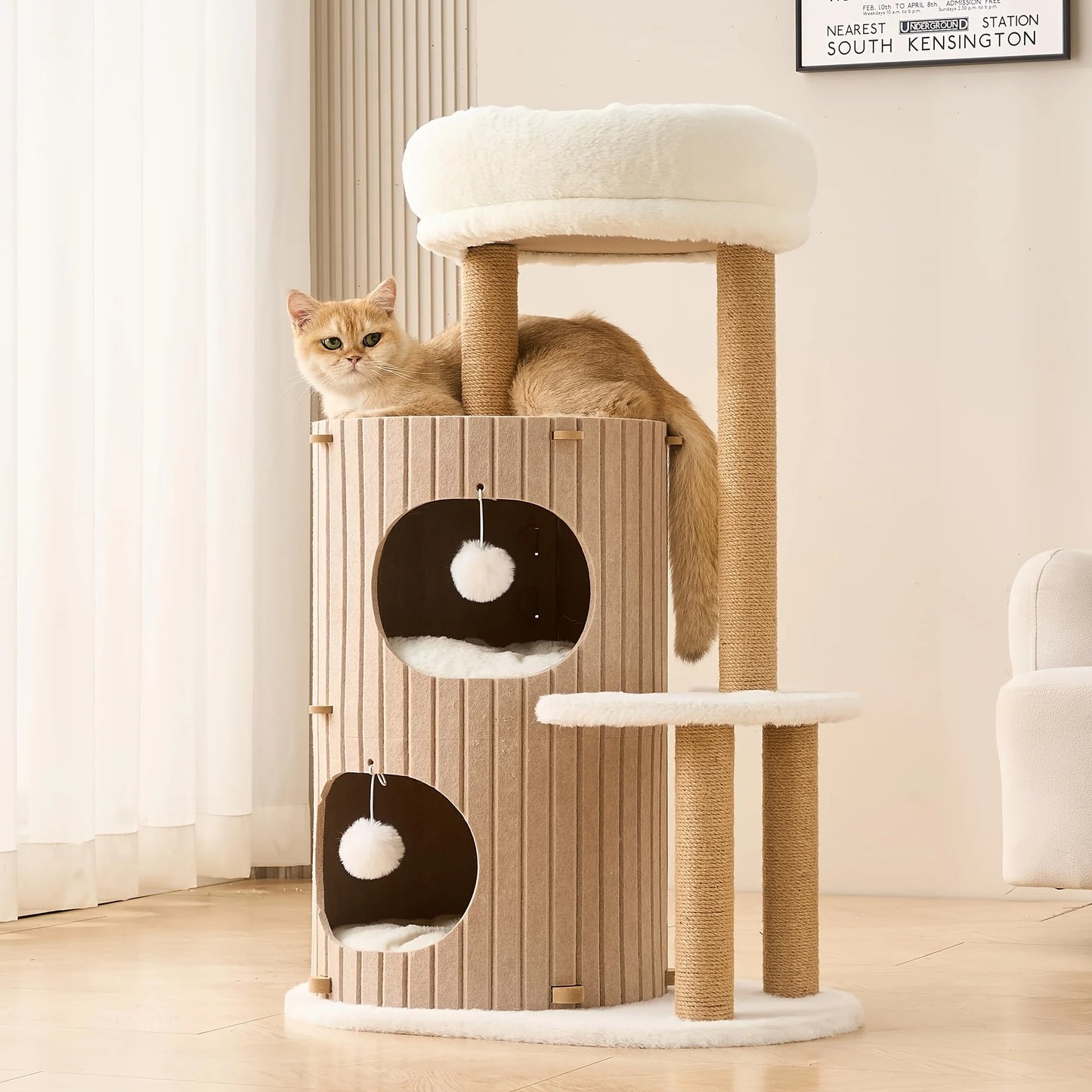 Modern Cat Tree for Indoor Small & Medium Cats, 36" Cat Tower with Scratching Posts, 2 Cozy Cat Caves, Top Perch, Dangling Balls, Washable Cushions, Space-Saving Cat Condo, Brown