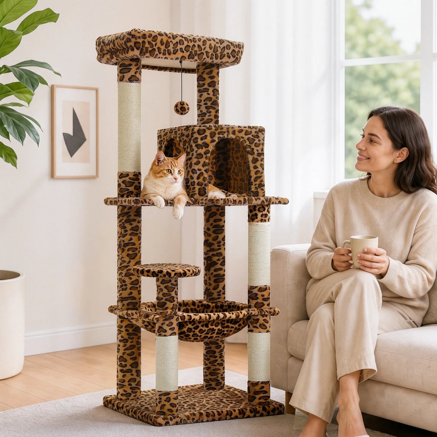 Multi-Level Leopard Cat Tree for Indoor Cats Large Cat Tower with Sisal Scratching Posts Cozy Cat Condo Spacious Hammock Soft Top Perch Cat Toys