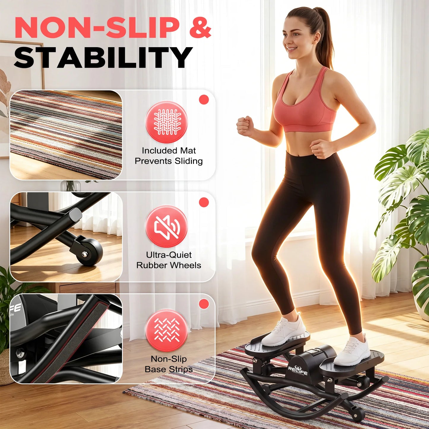 Relife 3D Lateral Rocking Stepper With Resistance Bands And Monitor