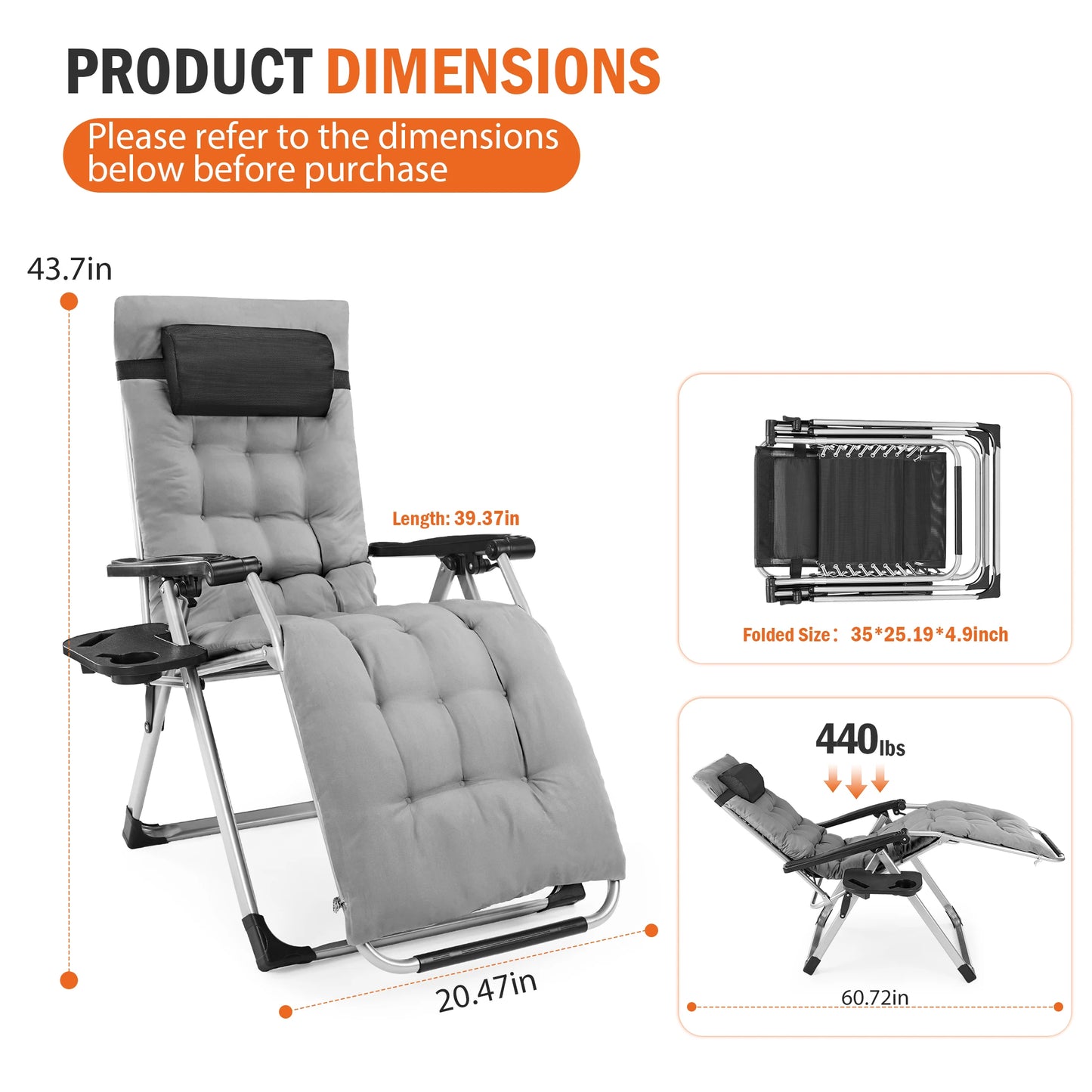 JHK Zero Gravity Reclining Camping Lounge Chair With Cup Holder Tray