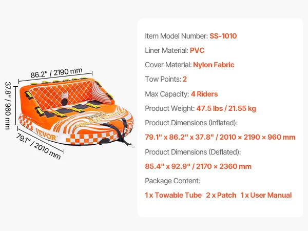 SucceBuy Towable Tube For Boating 1-4 Riders Inflatable Water Tube 680Lbs Capacity Safe Ride For Family