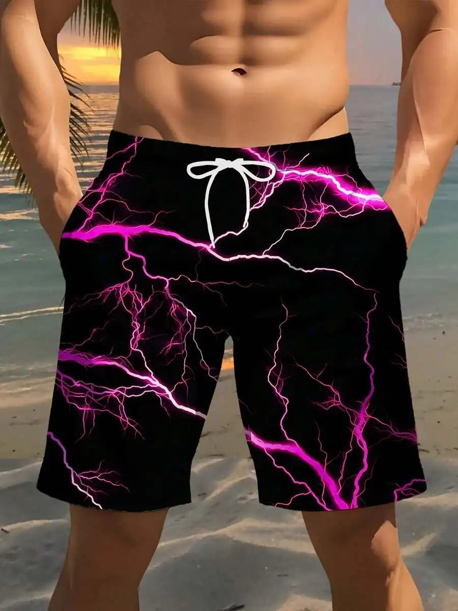 Mens Black Lightning Print Beach Shorts Loose Fit Swim Trunks For Men Summer Active Comfort