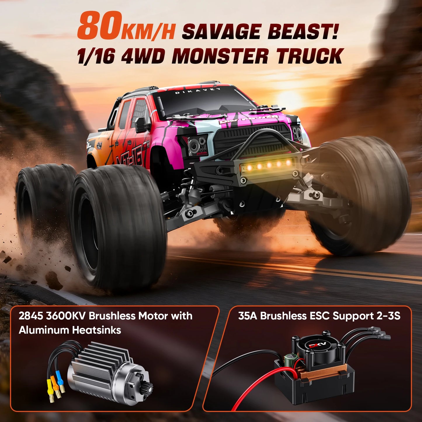 DIKAVEY 1 By 16 Brushless 4WD RC Monster Truck For RC Enthusiasts High Speed All Terrain 3S 2200mAh Battery Included