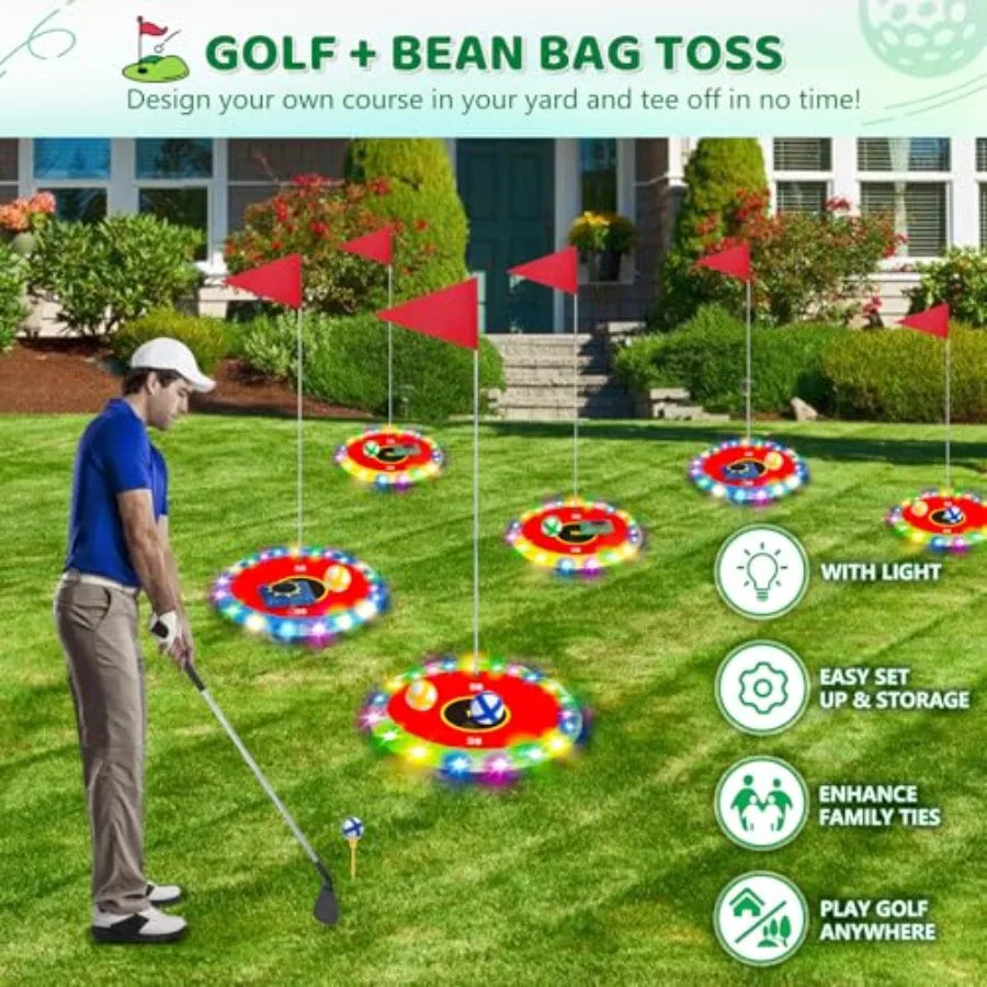 Light Up LED Backyard Golf Play Set Upgrade With 6 Targets 2 Clubs 18 Balls For Family Fun Night Golf