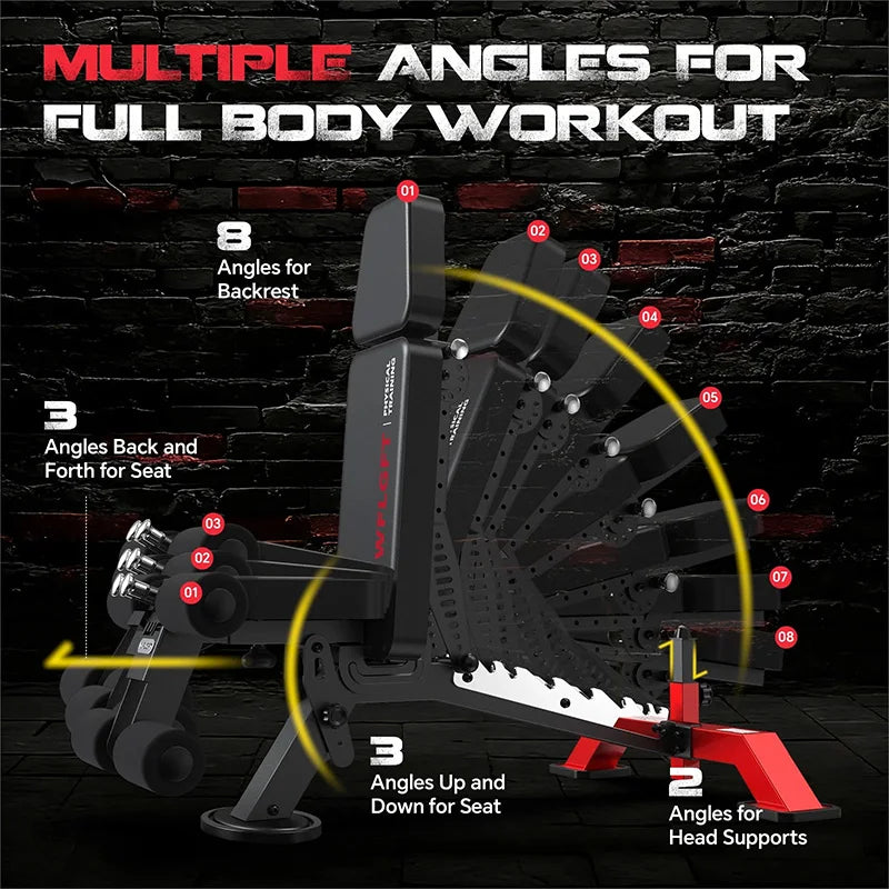 Pooboo Commercial Adjustable Weight Bench, Heavy Duty 1800LBS | Workout Bench for Home Gym, Flat, Decline, Incline Bench Press, Removable Leg & Elbow Support for Full Body Strength Training