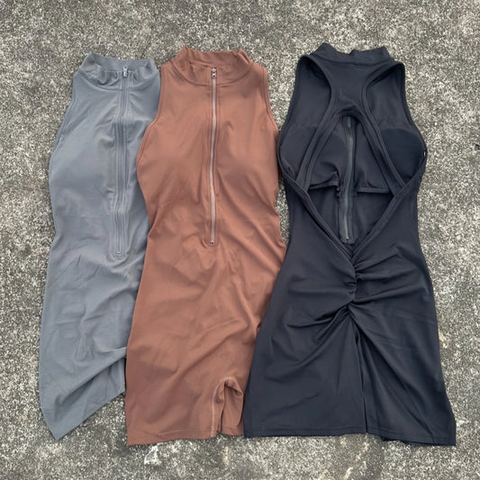Women's Scrunch Back Yoga Jumpsuit Shorts Set Zip Gym Wear