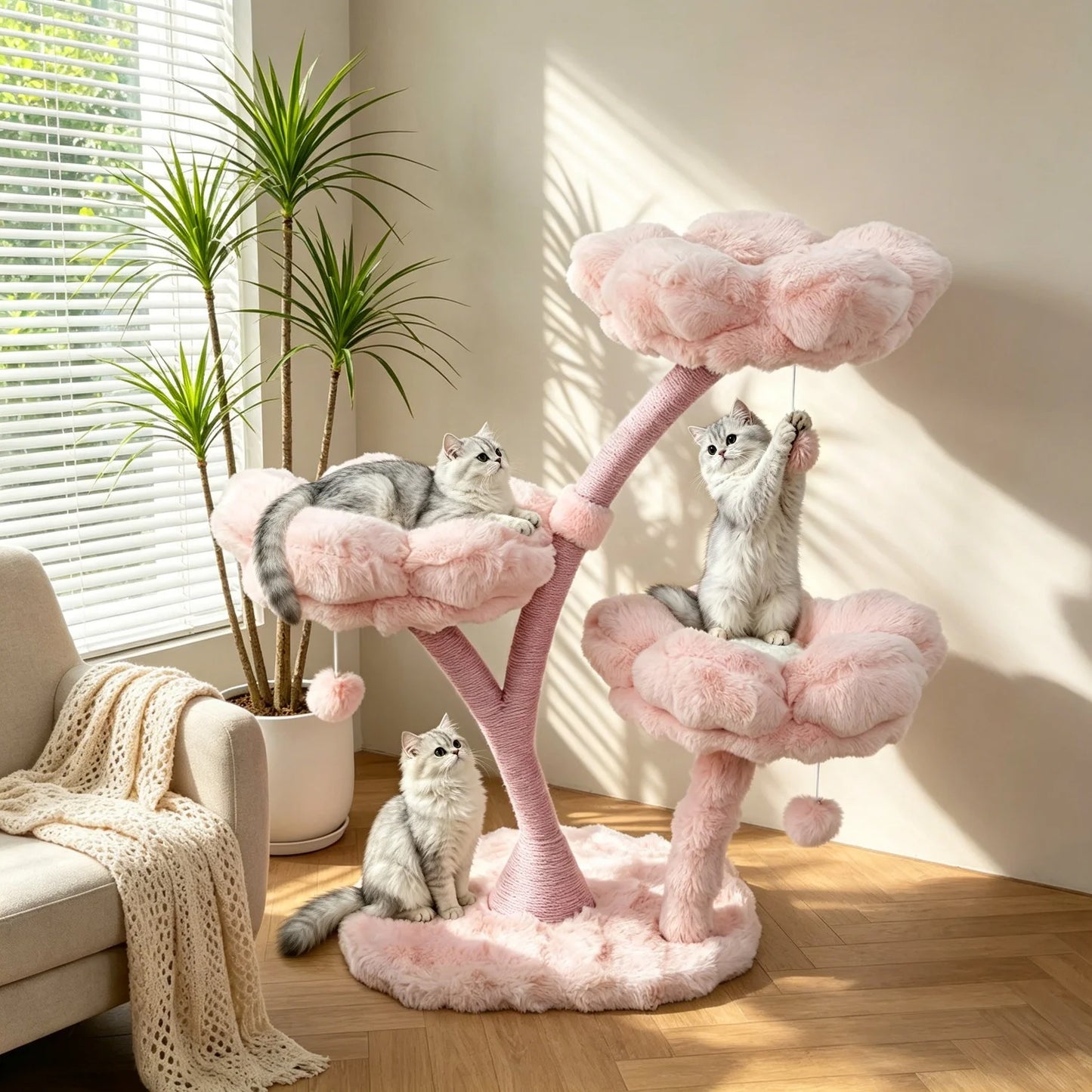 105cm Tall Cat Tree Pink Vertical Cat Tower Activity Center for Cats Cushioned Flower Platforms, Dangling Ball Scratching Posts Pet House Furniture
