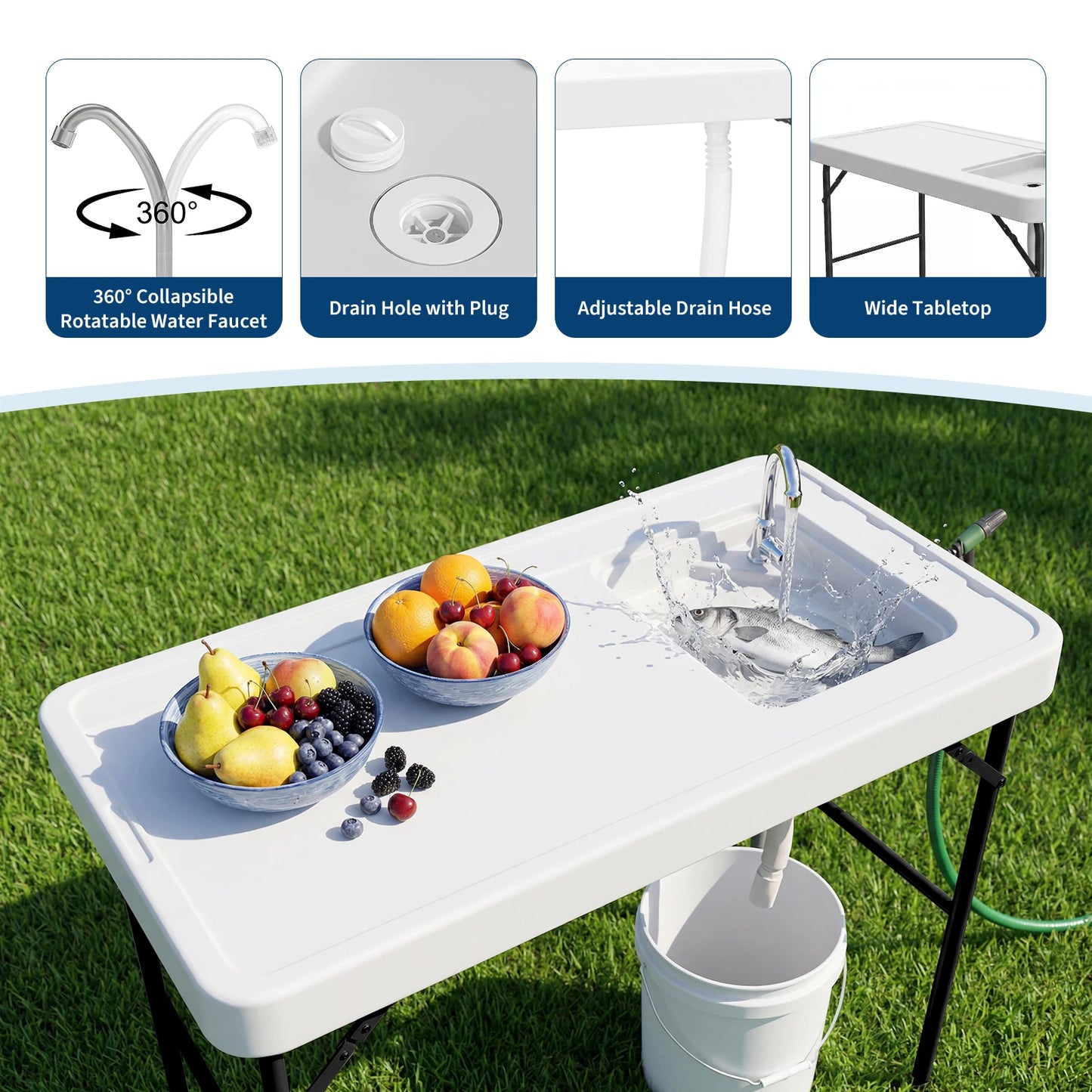 Folding Fish Cleaning Table with Sink, Portable Camping Sink Station with Faucet, Drainage Hose, Sprayer, Outdoor Fillet Table for Picnic Beach Patio