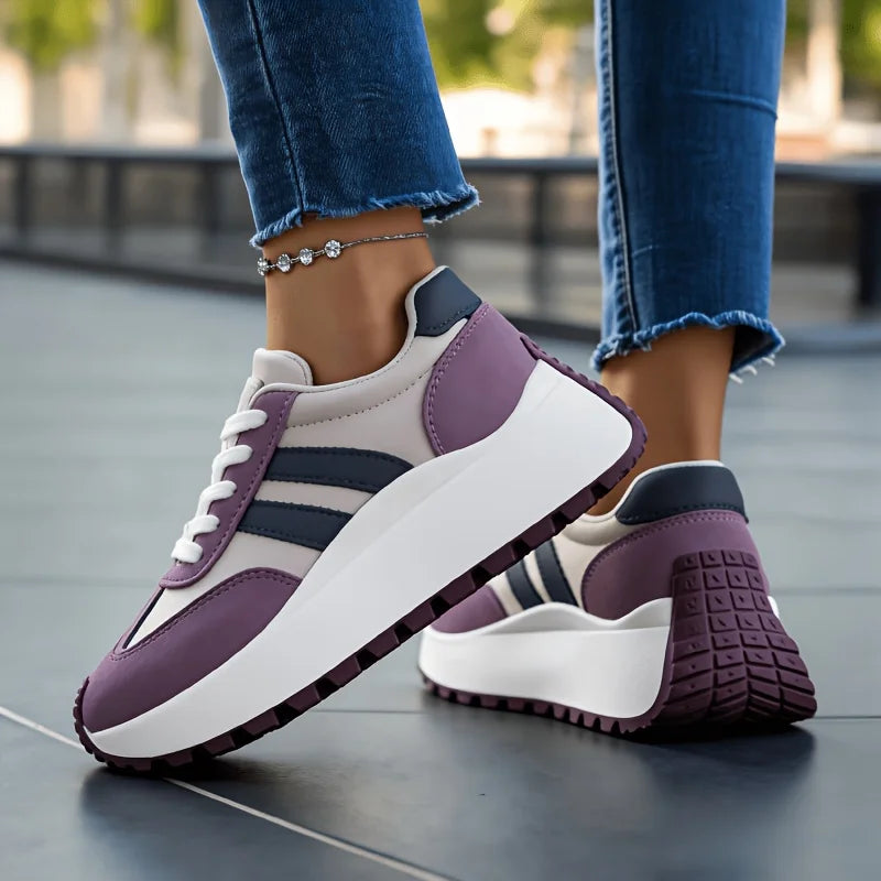 Women's Lace Up Platform Casual Sneakers Soft Synthetic Leather Upper Non-Slip Rubber Sole Retro Walking Shoes Fashion Thick Sole Athletic Footwear for Daily Shopping Travel Outdoor White Black Green Purple