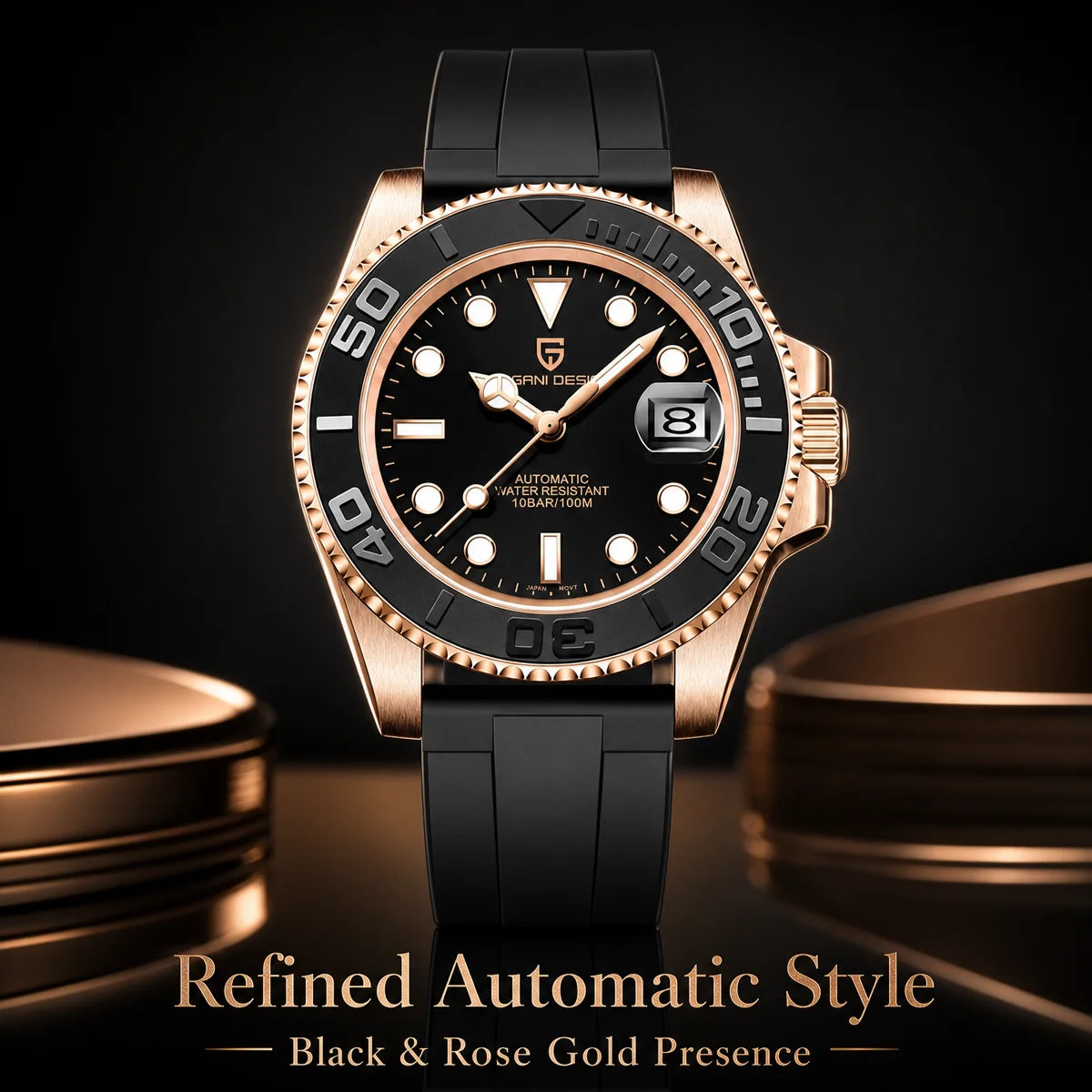 PAGANI DESIGN 2026 New 40MM Rose Gold Black Luxury Men Mechanical Watch Stainless Steel Sapphire Automatic Watch 100M Waterproof Watches for men