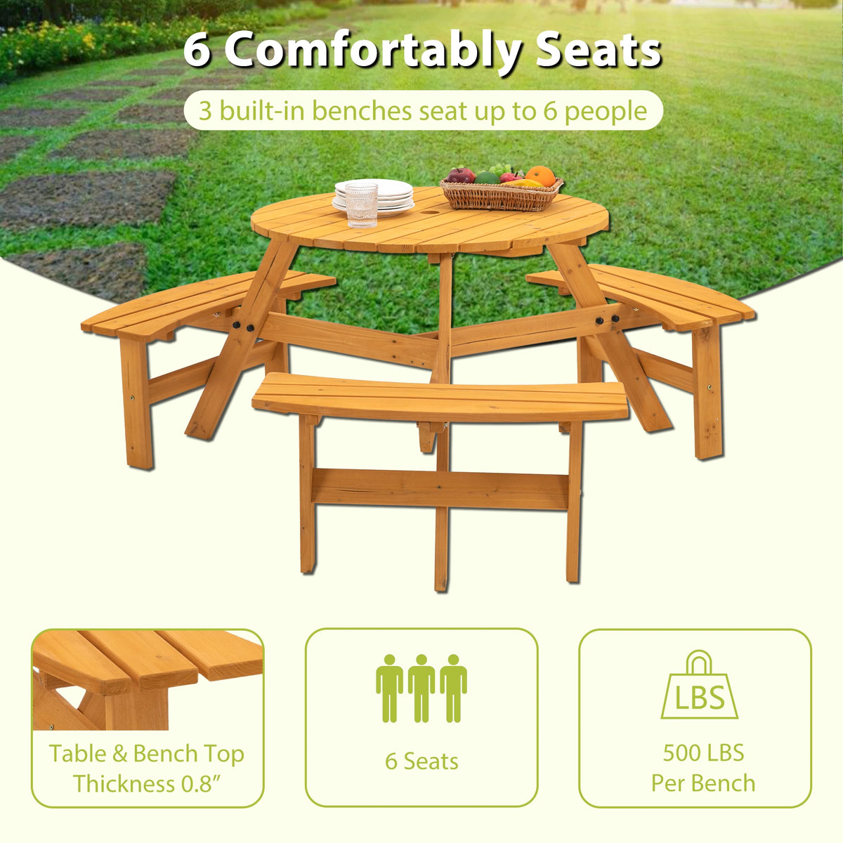Solid Wood Round Picnic Table Set With Three Outdoor Benches