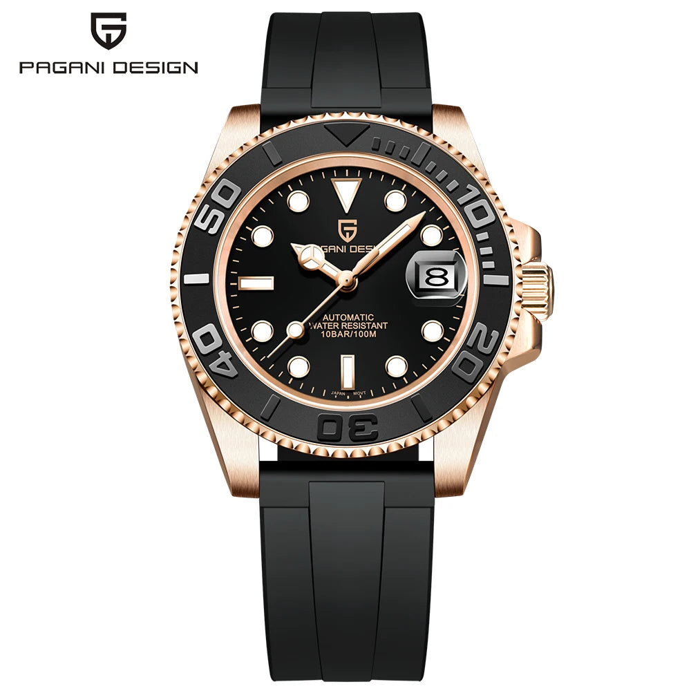 PAGANI DESIGN 2026 New 40MM Rose Gold Black Luxury Men Mechanical Watch Stainless Steel Sapphire Automatic Watch 100M Waterproof Watches for men