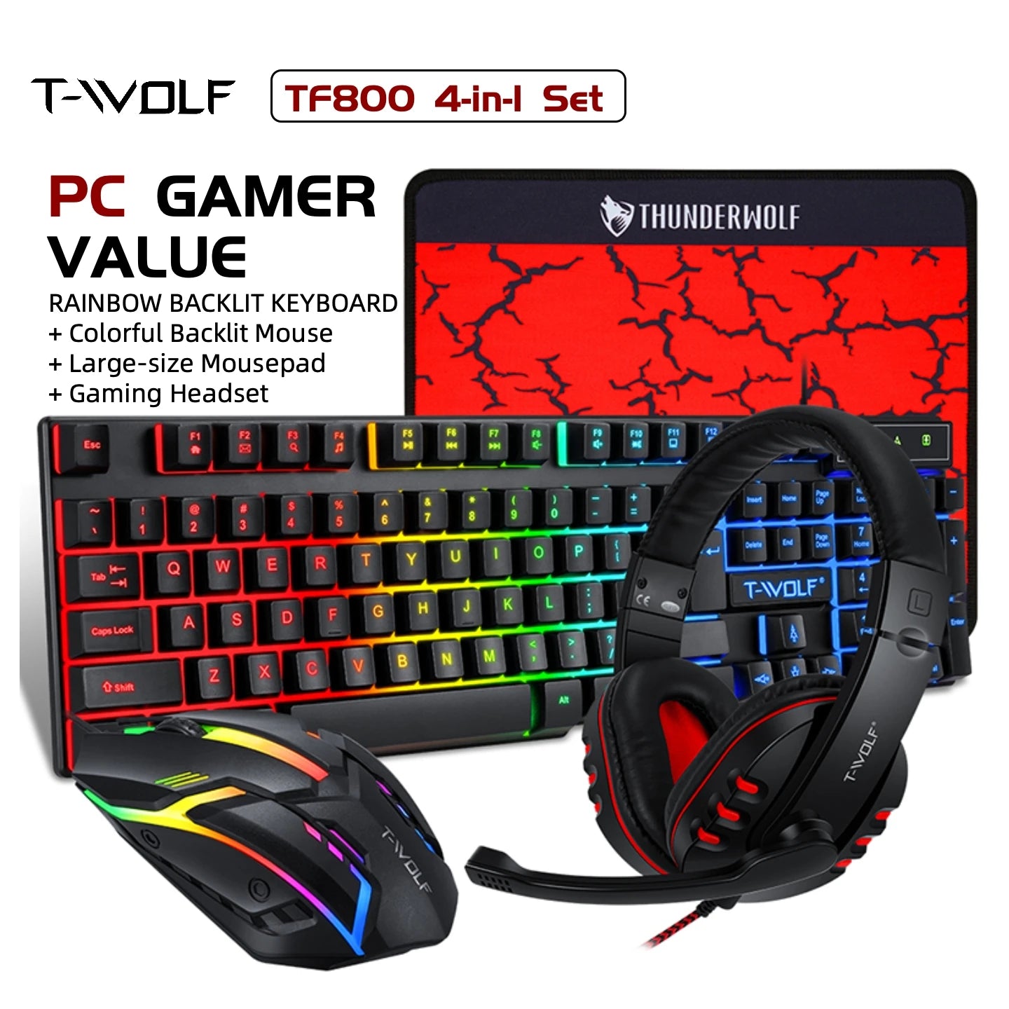 T-WOLF RGB Gaming Keyboard Mouse Headset Mousepad 4 In 1
