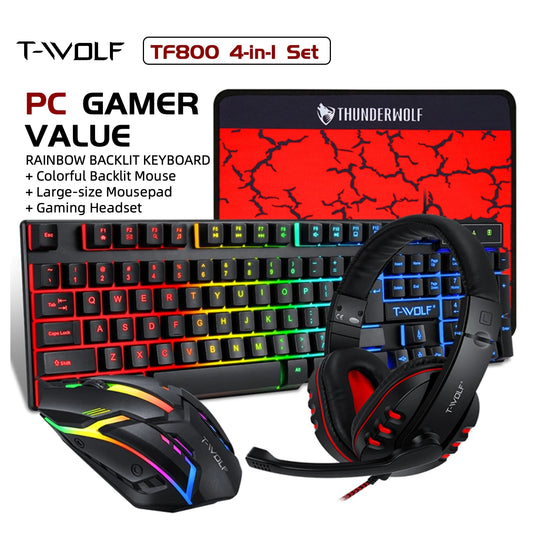 T-WOLF RGB Gaming Keyboard Mouse Headset Mousepad 4 In 1