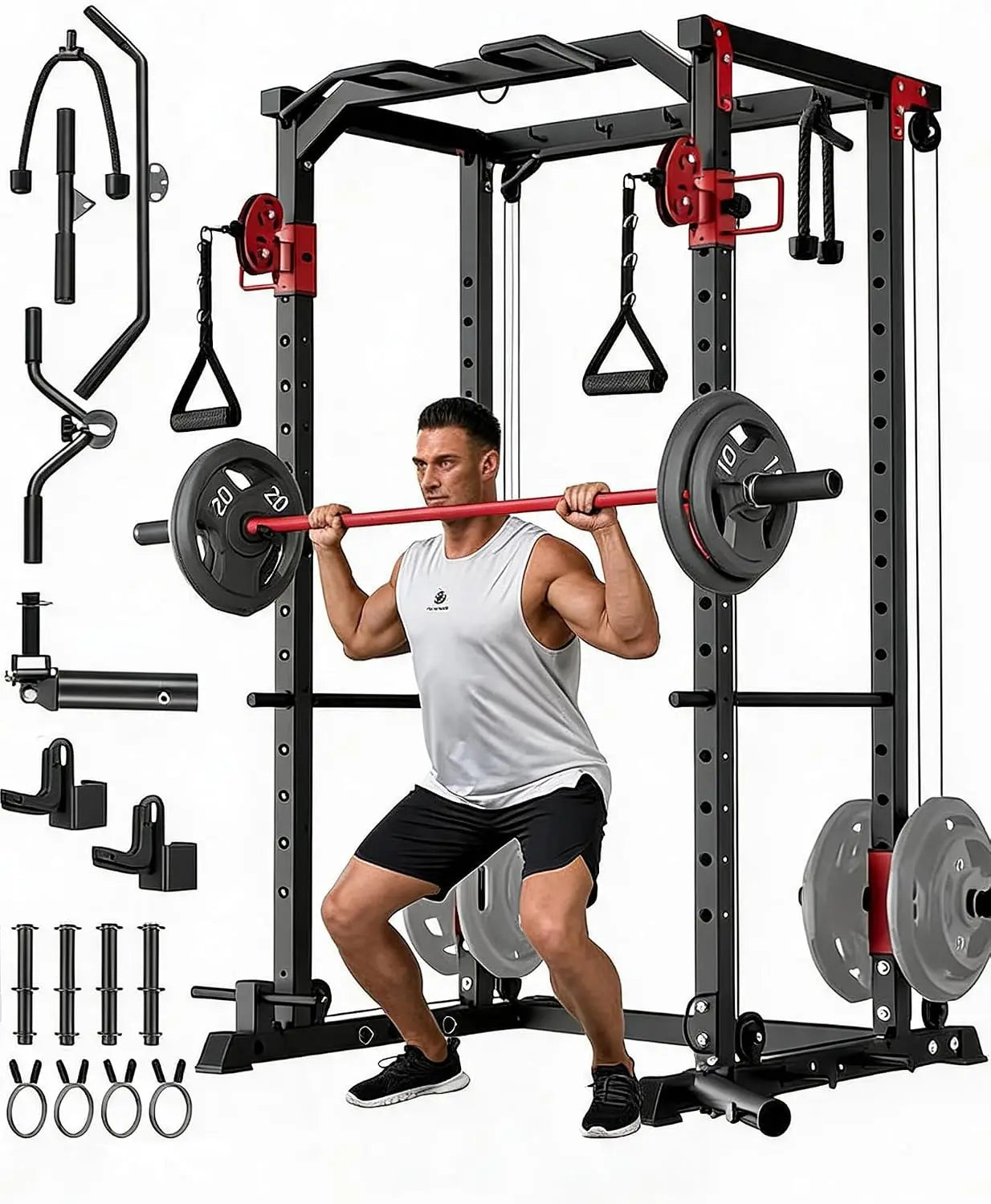 Tacleekii Dual Pulley Power Rack For Home Gym Cable System