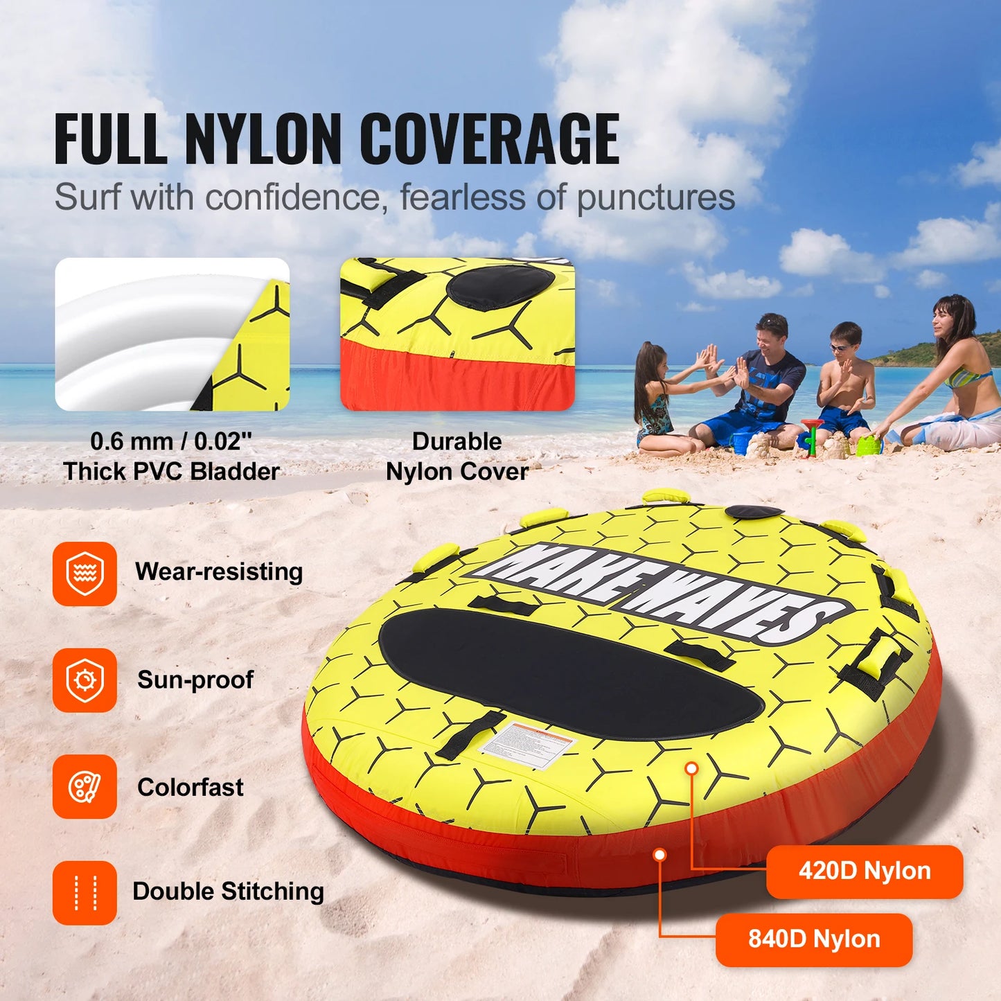 SucceBuy 63 Inch Towable Tube For Boating 1 To 3 Riders Family Friendly Durable 840D Nylon