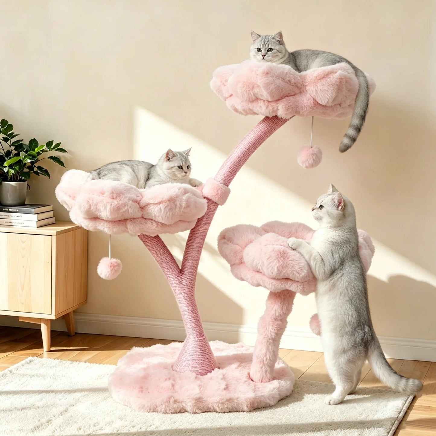 105cm Tall Cat Tree Pink Vertical Cat Tower Activity Center for Cats Cushioned Flower Platforms, Dangling Ball Scratching Posts Pet House Furniture