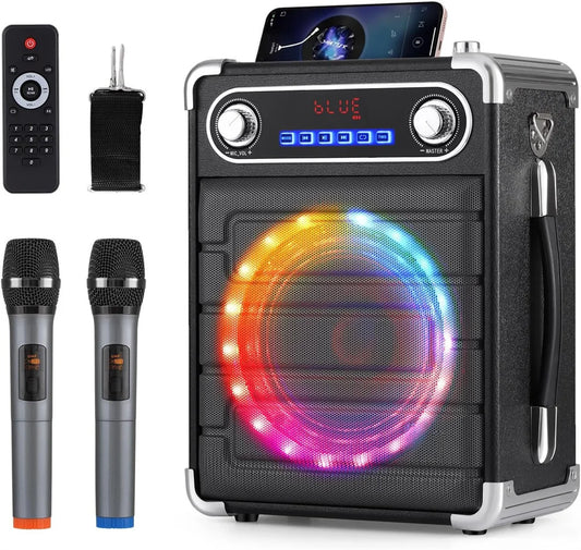 CURUK Loud Portable Bluetooth Karaoke Speaker With 2 Wireless Mics And LED Light