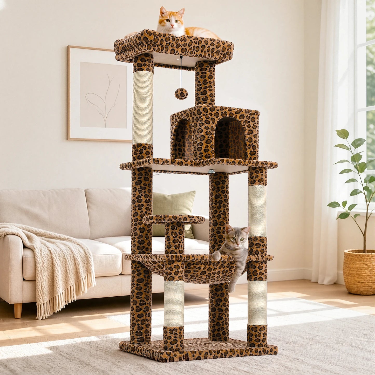 Multi-Level Leopard Cat Tree for Indoor Cats Large Cat Tower with Sisal Scratching Posts Cozy Cat Condo Spacious Hammock Soft Top Perch Cat Toys