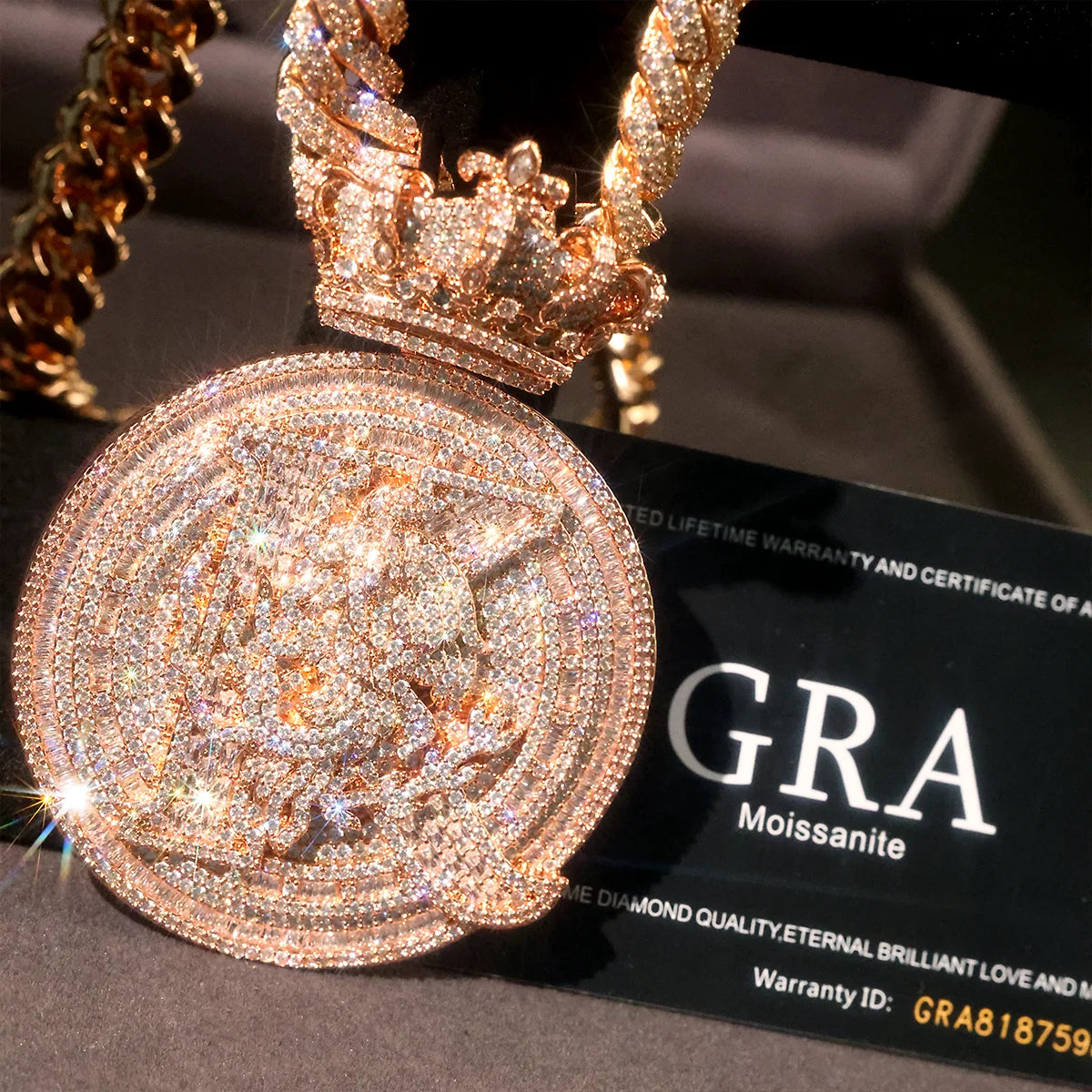 Lyee Cyee Iced Out Crown Medallion Pendant Necklace 18K Gold