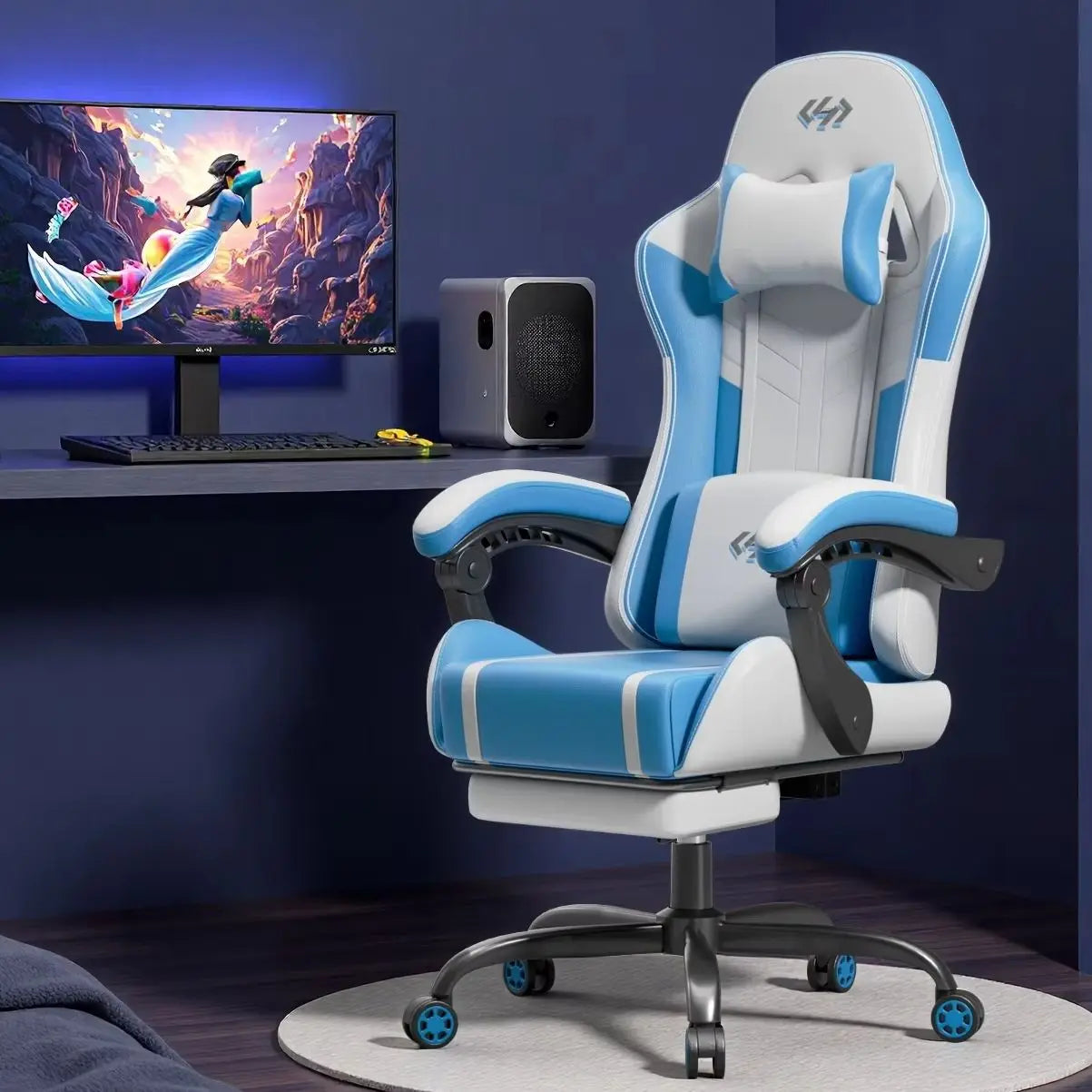 NEBMAAX Ergonomic Gaming Chair With Massage Footrest PU Leather