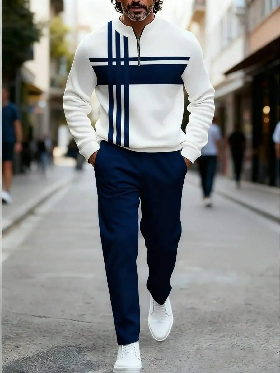 Mens 2-Piece Polyester Sportswear Set With 3D Print Pattern, Half-Collar Zipper Top And Long Pants